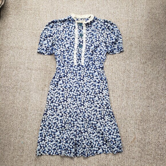 Vintage 30s Day Dress Women's Small Blue - Picture 3 of 12
